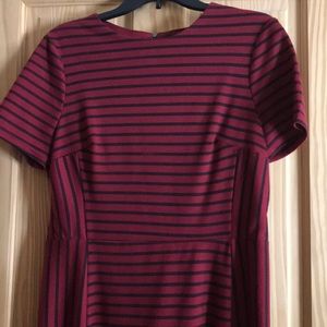 Burgundy and black striped shirt sleeve dress.